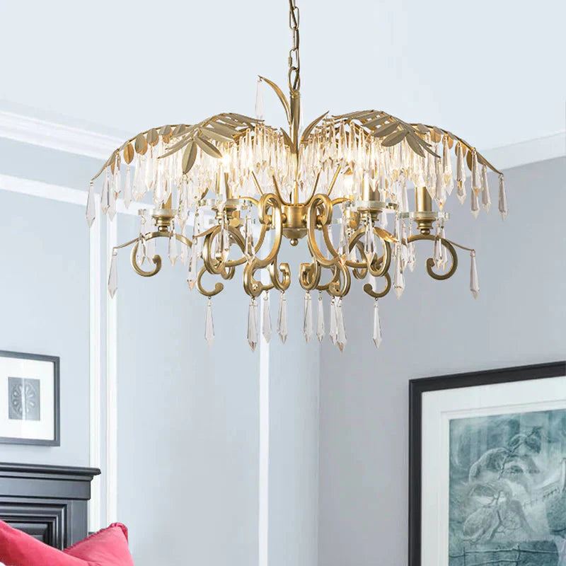 Crystal Brass Hanging Chandelier Leaf - Shaped 3/6/8 Lights Lodge Pendant Light Kit For Living Room