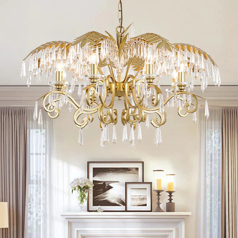 Crystal Brass Hanging Chandelier Leaf - Shaped 3/6/8 Lights Lodge Pendant Light Kit For Living Room