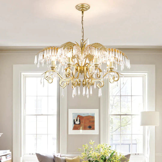 Crystal Brass Hanging Chandelier Leaf - Shaped 3/6/8 Lights Lodge Pendant Light Kit For Living Room