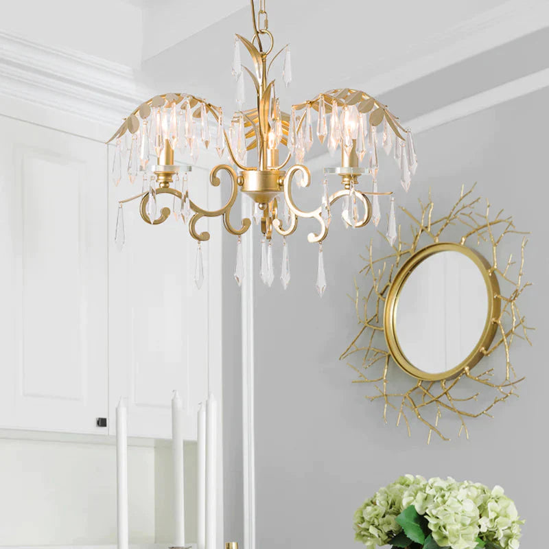 Crystal Brass Hanging Chandelier Leaf - Shaped 3/6/8 Lights Lodge Pendant Light Kit For Living Room