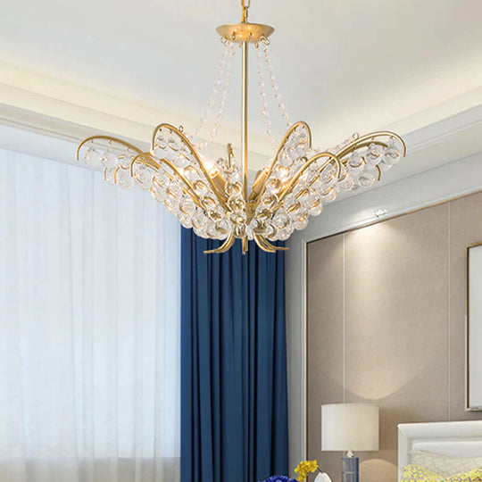 Traditional Candle Ceiling Chandelier 6 Lights Crystal Embedded Suspension Lamp In Gold For Living