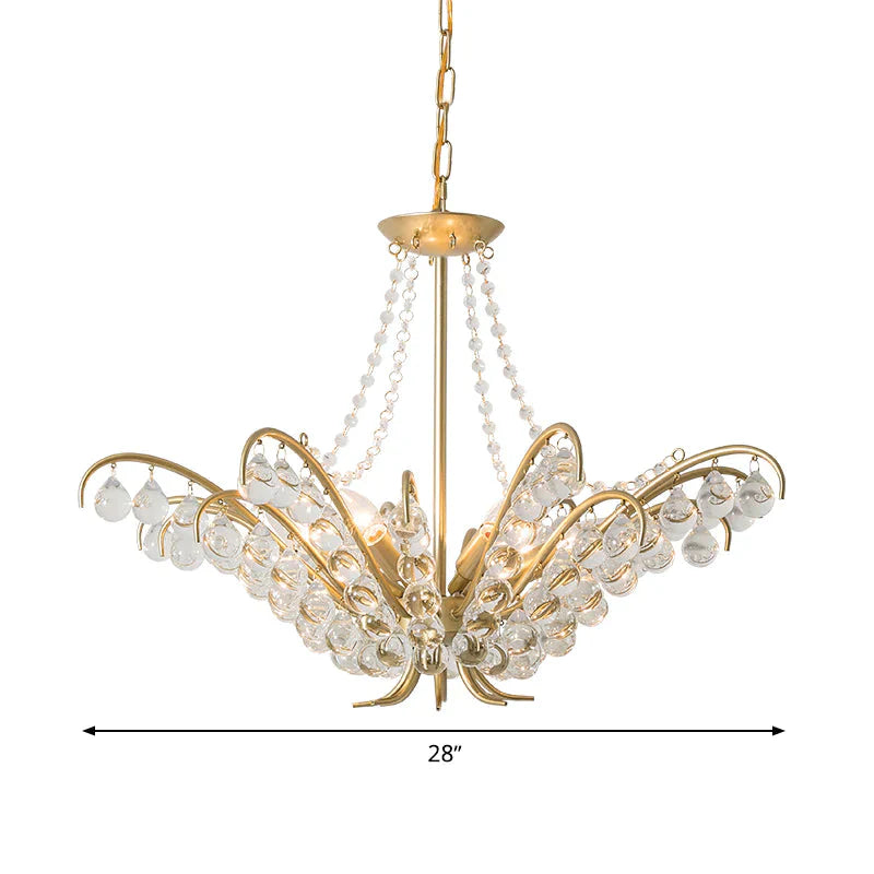 Traditional Candle Ceiling Chandelier 6 Lights Crystal Embedded Suspension Lamp In Gold For Living