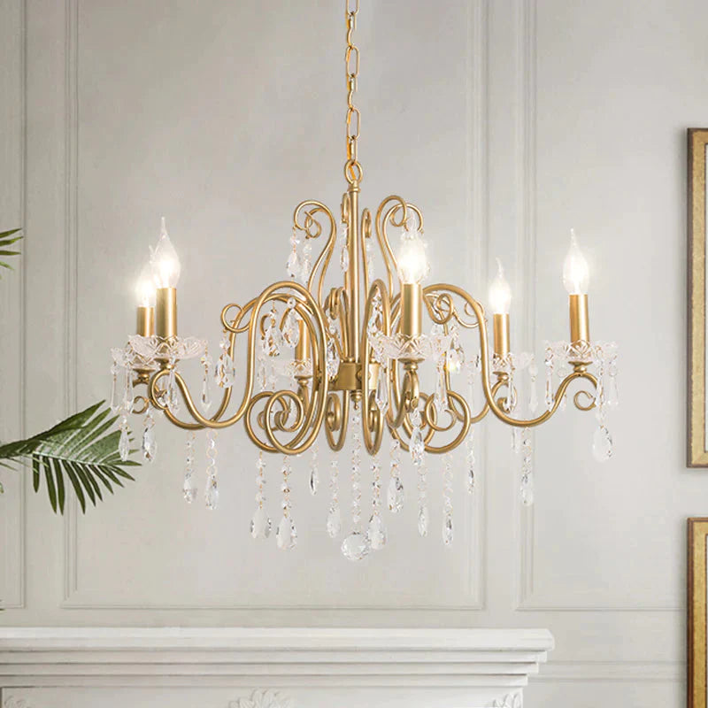 Gold 6 Lights Chandelier Lighting Fixture Lodge Crystal Candelabra Suspension Pendant