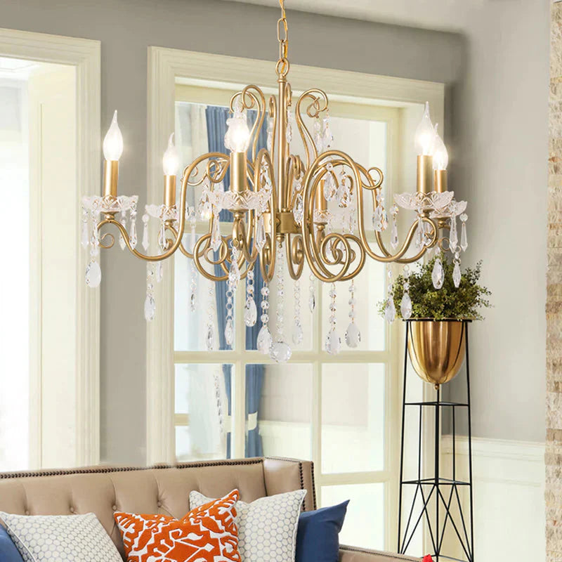 Gold 6 Lights Chandelier Lighting Fixture Lodge Crystal Candelabra Suspension Pendant