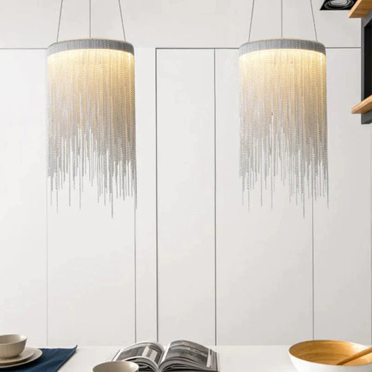 White Chain Chandelier Light Fixture Minimalism Metal 6 Lights Dining Room Pendant Lighting