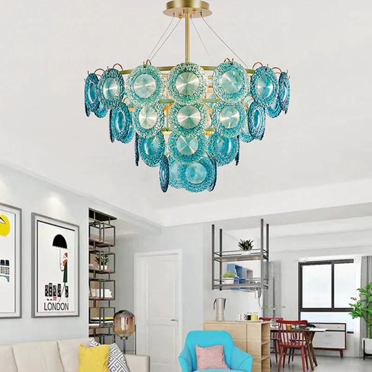 5/8 Lights Bedroom Chandelier Lighting Rustic Blue Pendant Lamp With Conical Crystal Shade