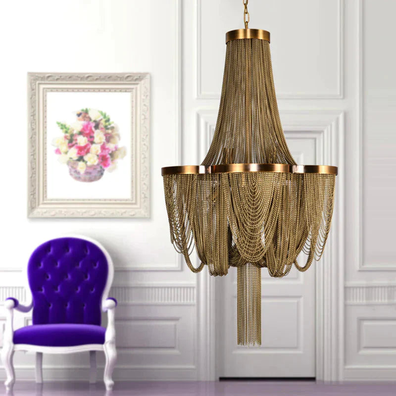 Metallic Chain Chandelier Lighting Fixture Rural 6 Lights Living Room Hanging Ceiling Light In