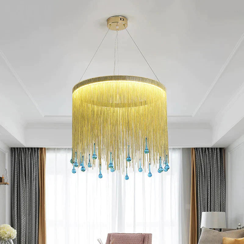 Led Metal Chandelier Light Fixture Countryside Silver/Gold Chain Fringe Living Room Ceiling Hang