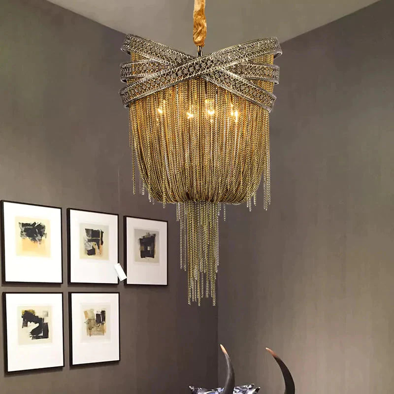 Gold/Silver 4/6/8 Lights Chandelier Lighting Rustic Metal Draped Beaded Hanging Light Fixture