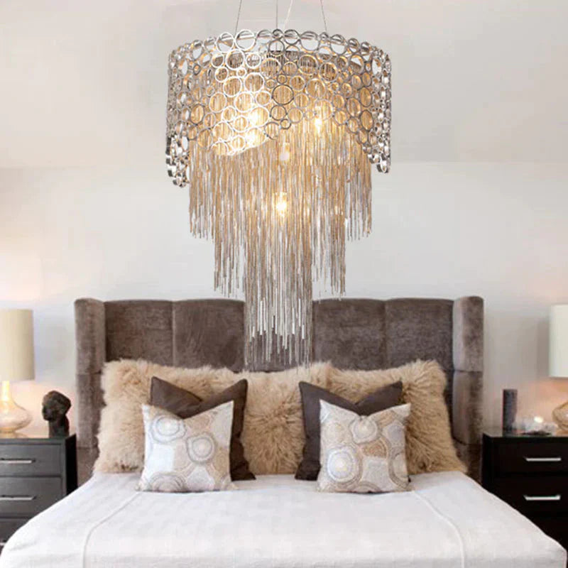 Silver Tiered Chandelier Lighting Fixture Lodge Metal 6 Lights Living Room Pendant Lamp