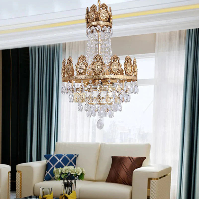 6 Lights Living Room Chandelier Lighting Lodge Silver/Gold Drop Pendant With Conical Crystal Shade