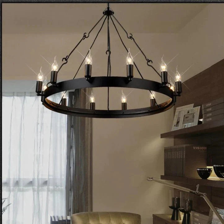 Round Wrought Iron Chandelier Living Room Bar Decorative Personality Cafe Candle Pendant