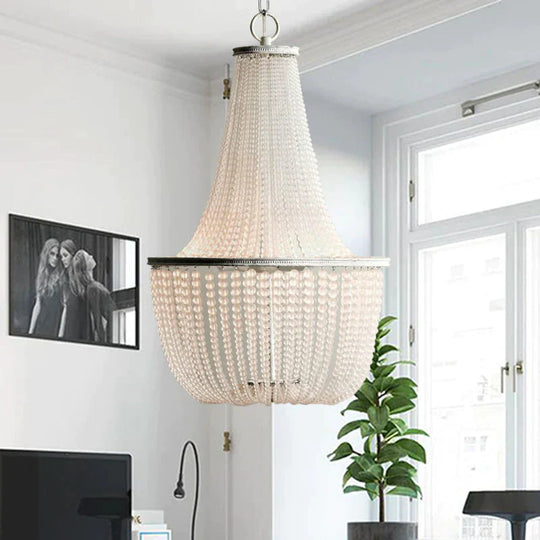 White Beaded Pendant Chandelier Rustic Style Crystal 3 Lights Bedroom Hanging Light Fixture