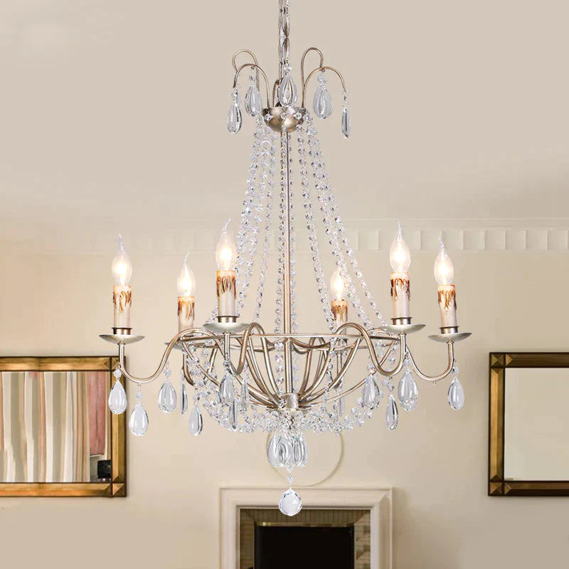 6 Lights Crystal Chandelier Light Fixture Simple Silver Candelabra Living Room Ceiling Suspension