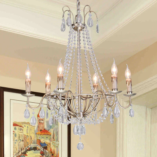 6 Lights Crystal Chandelier Light Fixture Simple Silver Candelabra Living Room Ceiling Suspension