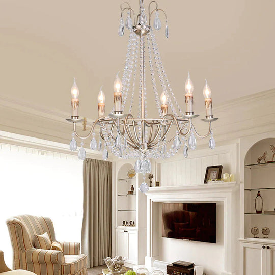 6 Lights Crystal Chandelier Light Fixture Simple Silver Candelabra Living Room Ceiling Suspension