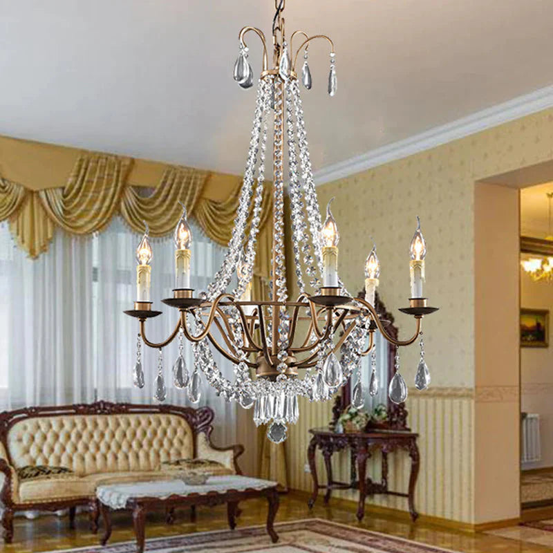 Draping Bead Crystal Chandelier Lighting 6 Lights Corridor Pendant Light Fixture In Brown