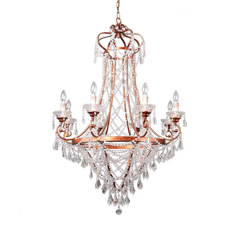 Candle Living Room Chandelier Lamp Countryside Crystal 8 Lights Brass Pendant Ceiling Light
