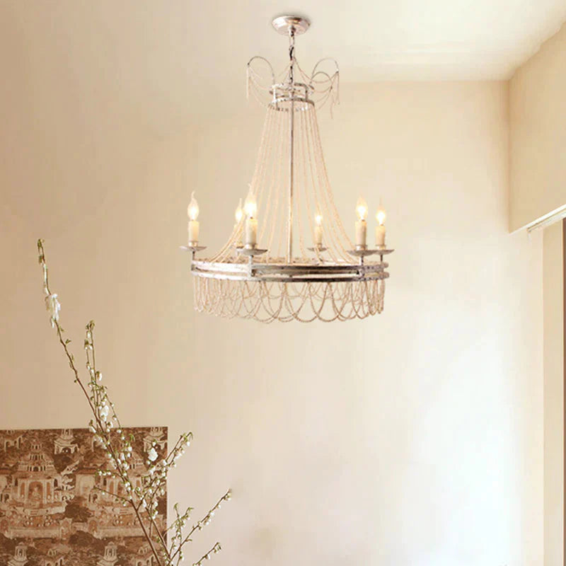 Distressed White 6 Lights Pendant Chandelier Rustic Crystal Candle - Style Suspension Lighting