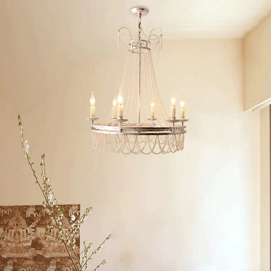 Distressed White 6 Lights Pendant Chandelier Rustic Crystal Candle - Style Suspension Lighting