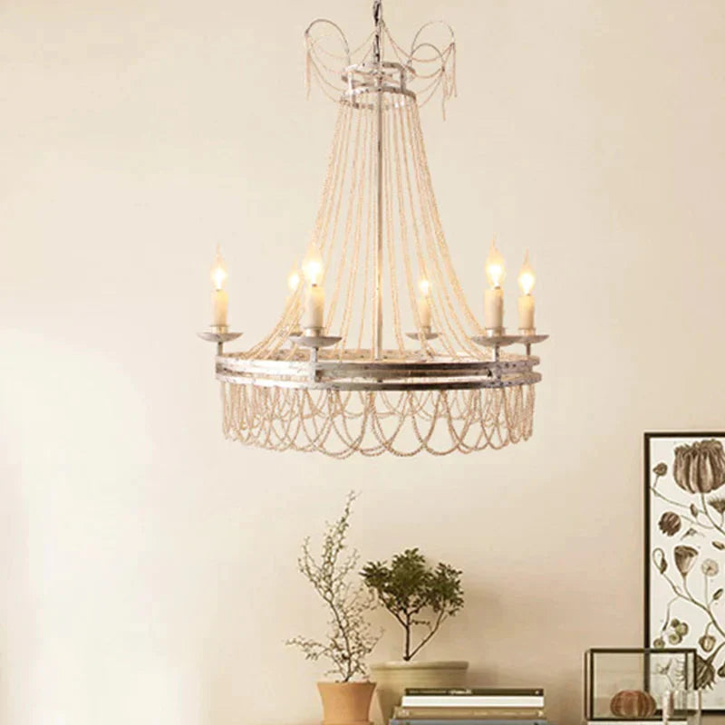 Distressed White 6 Lights Pendant Chandelier Rustic Crystal Candle - Style Suspension Lighting