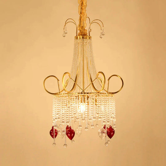 Gold Beaded Chandelier Pendant Light Rural Crystal 4 Lights Living Room Ceiling Hang Fixture