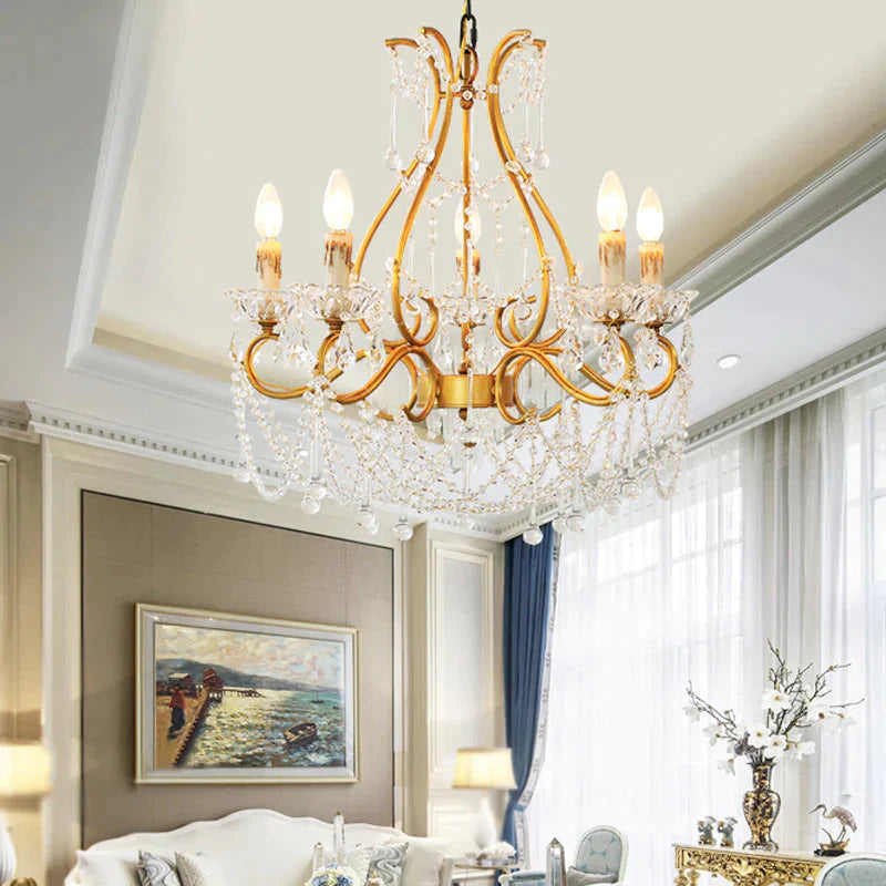 Rustic Candle - Style Chandelier 5 Lights Crystal Suspension Lamp In Gold For Living Room