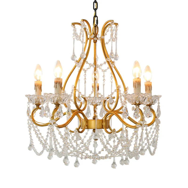 Rustic Candle - Style Chandelier 5 Lights Crystal Suspension Lamp In Gold For Living Room