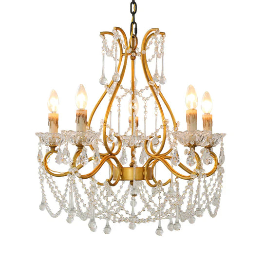 Rustic Candle - Style Chandelier 5 Lights Crystal Suspension Lamp In Gold For Living Room