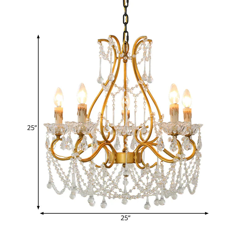 Rustic Candle - Style Chandelier 5 Lights Crystal Suspension Lamp In Gold For Living Room