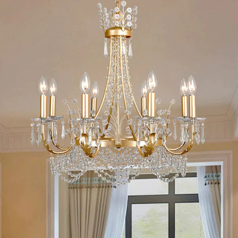 8 Lights Swooping Arm Chandelier Light Countryside Gold Crystal Ceiling Pendant For Bedroom