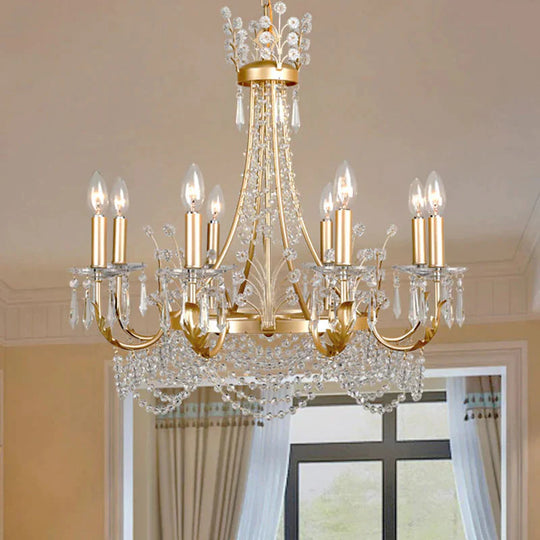 8 Lights Swooping Arm Chandelier Light Countryside Gold Crystal Ceiling Pendant For Bedroom