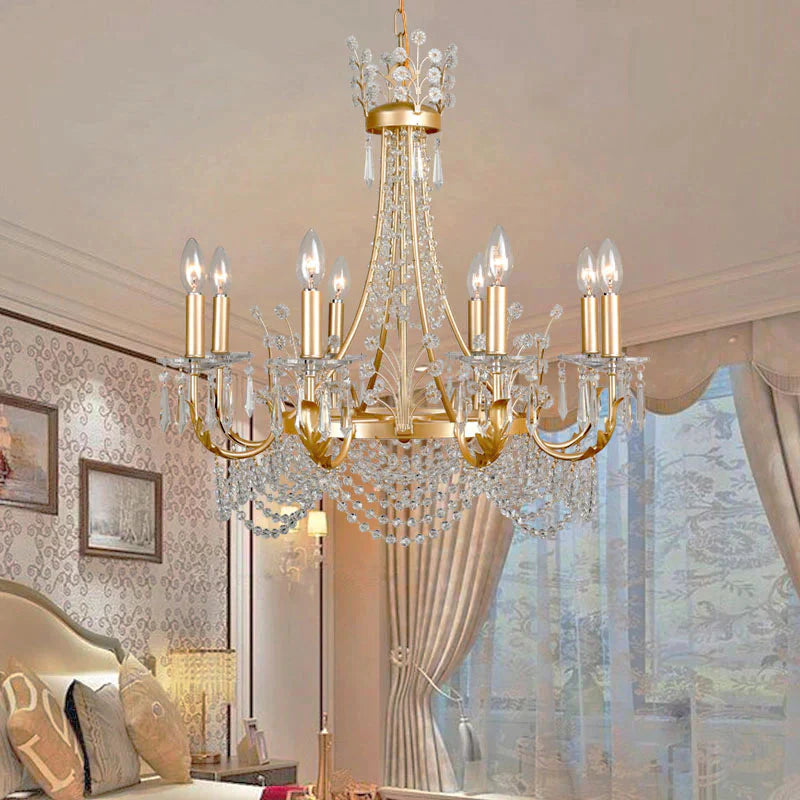 8 Lights Swooping Arm Chandelier Light Countryside Gold Crystal Ceiling Pendant For Bedroom