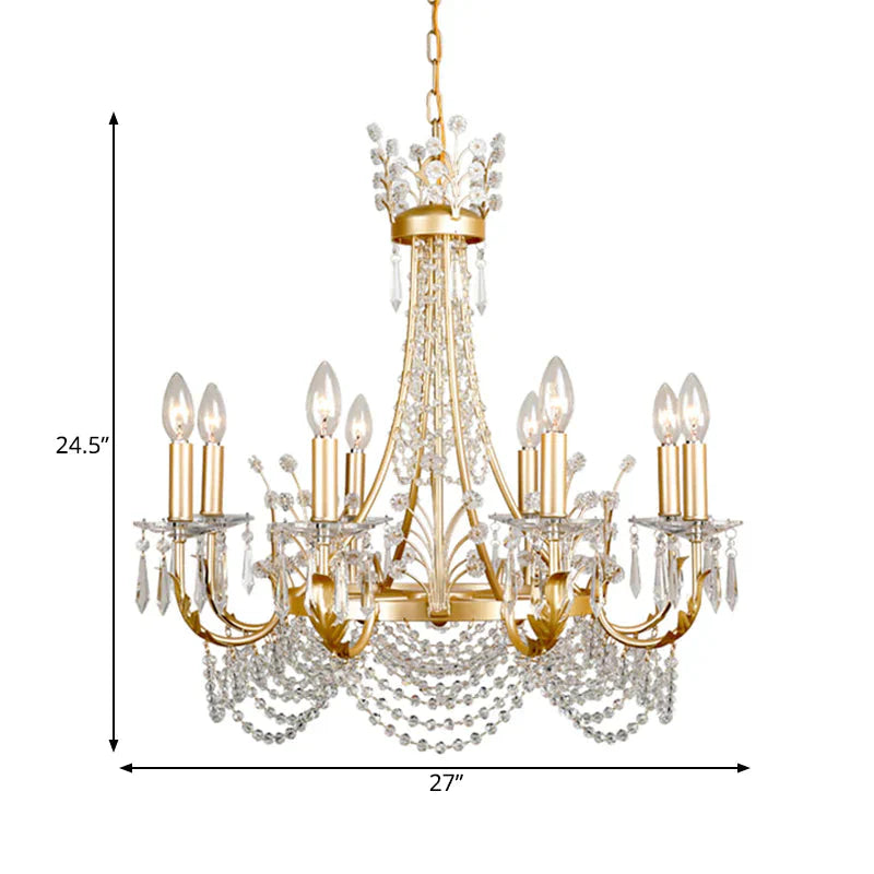 8 Lights Swooping Arm Chandelier Light Countryside Gold Crystal Ceiling Pendant For Bedroom