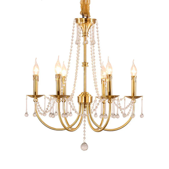 6 Lights Chandelier Lighting Traditional Curvy Arm Crystal Ceiling Pendant Light In Gold