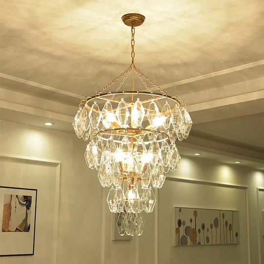 Gold Conical Chandelier Light Rustic Crystal 10 Lights Living Room Suspension Pendant