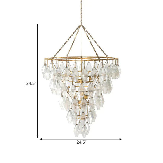 Gold Conical Chandelier Light Rustic Crystal 10 Lights Living Room Suspension Pendant