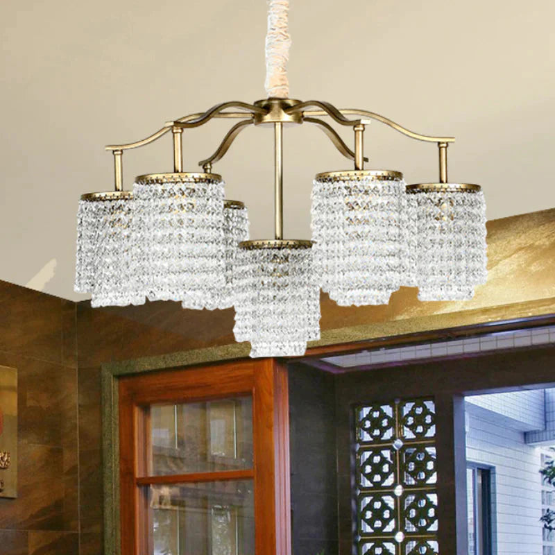 Crystal Cylinder Chandelier Light Fixture Rural 7 Heads Dining Room Ceiling Pendant In Brass
