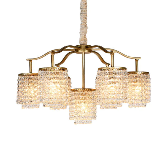 Crystal Cylinder Chandelier Light Fixture Rural 7 Heads Dining Room Ceiling Pendant In Brass