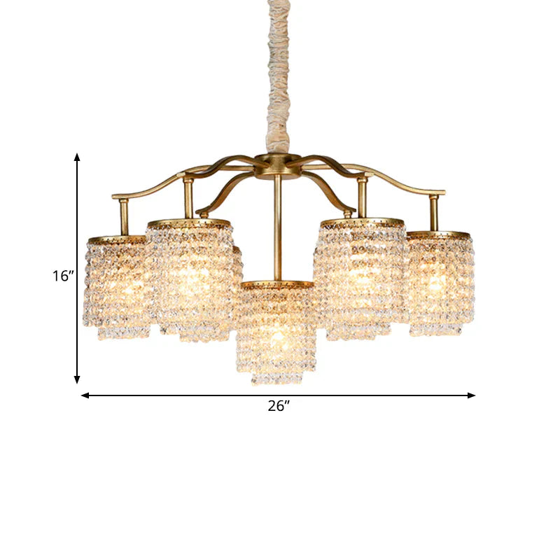 Crystal Cylinder Chandelier Light Fixture Rural 7 Heads Dining Room Ceiling Pendant In Brass
