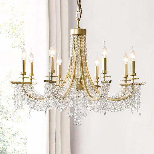 Traditional Candelabra Chandelier Lamp 6/8 Lights Crystal Drop Pendant In Gold For Bedroom