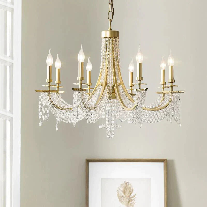 Traditional Candelabra Chandelier Lamp 6/8 Lights Crystal Drop Pendant In Gold For Bedroom