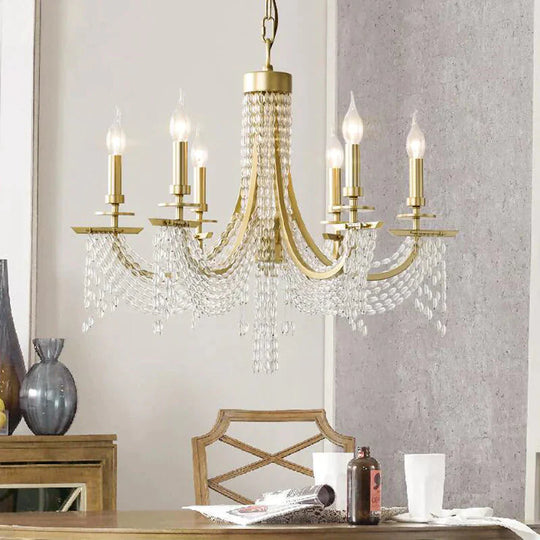 Traditional Candelabra Chandelier Lamp 6/8 Lights Crystal Drop Pendant In Gold For Bedroom