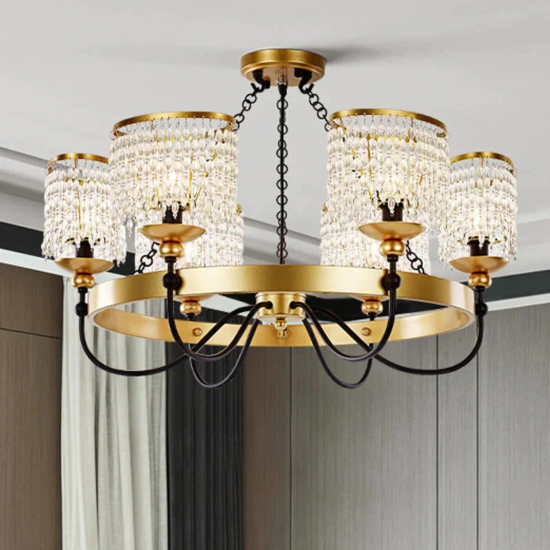 6/8 Lights Crystal Pendant Chandelier Countryside Gold Curving Bedroom Ceiling Suspension Lamp