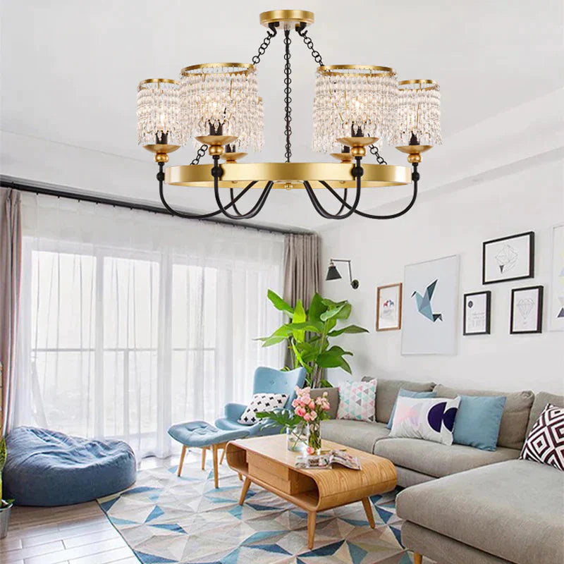 6/8 Lights Crystal Pendant Chandelier Countryside Gold Curving Bedroom Ceiling Suspension Lamp