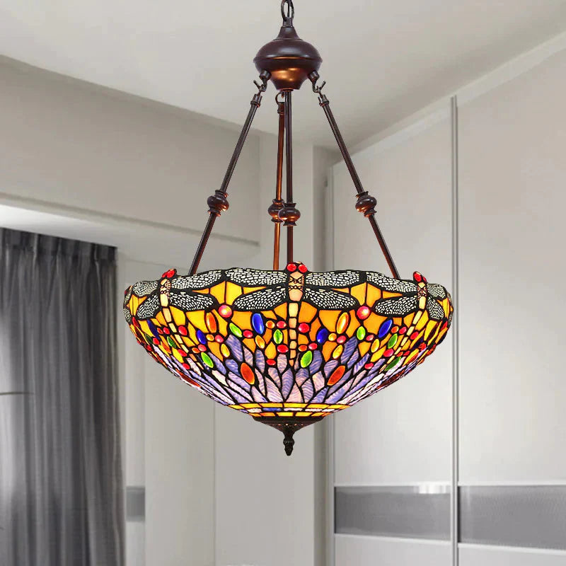 Stained Glass Red/Green/Purple Pendant Chandelier Dragonfly 2 Lights Mediterranean Suspension Lamp