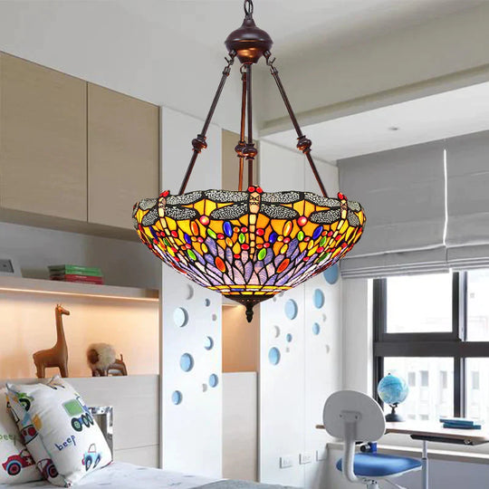 Stained Glass Red/Green/Purple Pendant Chandelier Dragonfly 2 Lights Mediterranean Suspension Lamp