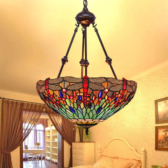 Stained Glass Red/Green/Purple Pendant Chandelier Dragonfly 2 Lights Mediterranean Suspension Lamp
