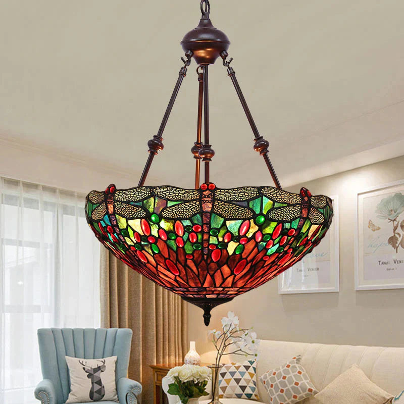 Stained Glass Red/Green/Purple Pendant Chandelier Dragonfly 2 Lights Mediterranean Suspension Lamp