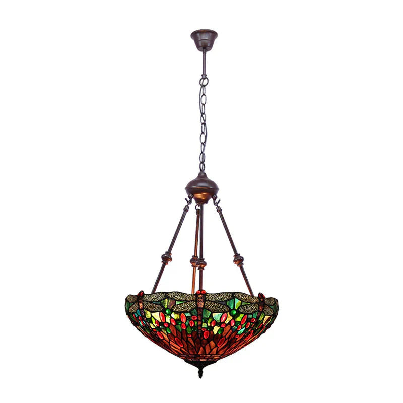 Stained Glass Red/Green/Purple Pendant Chandelier Dragonfly 2 Lights Mediterranean Suspension Lamp